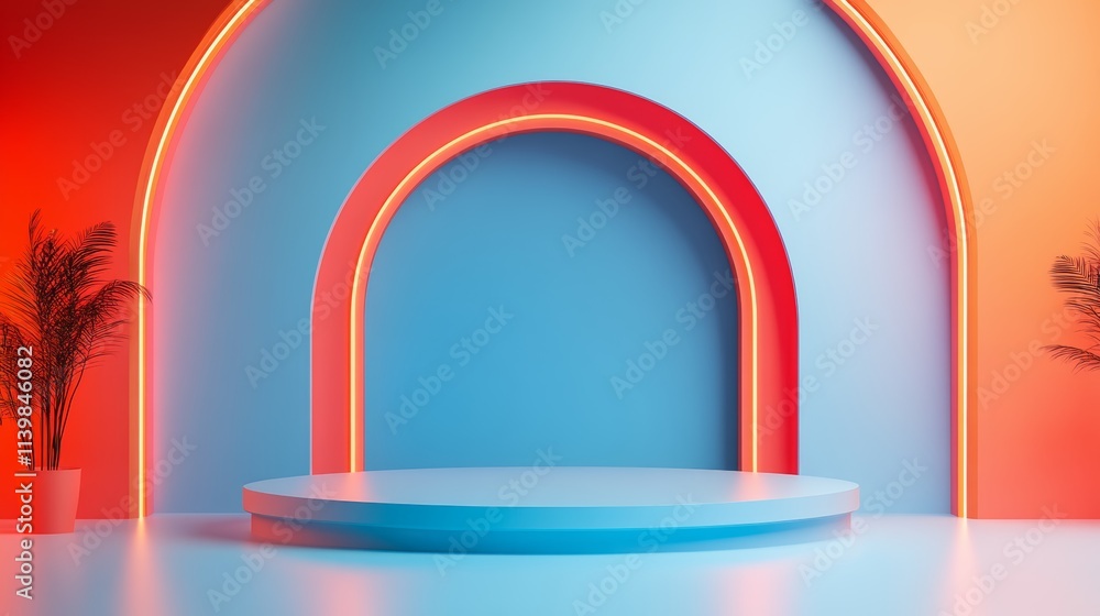 Abstract Neon Archway Product Display Platform. 3D Product Podium. Abstract Neon Archway Product Display Platform. 3D Product Podium.