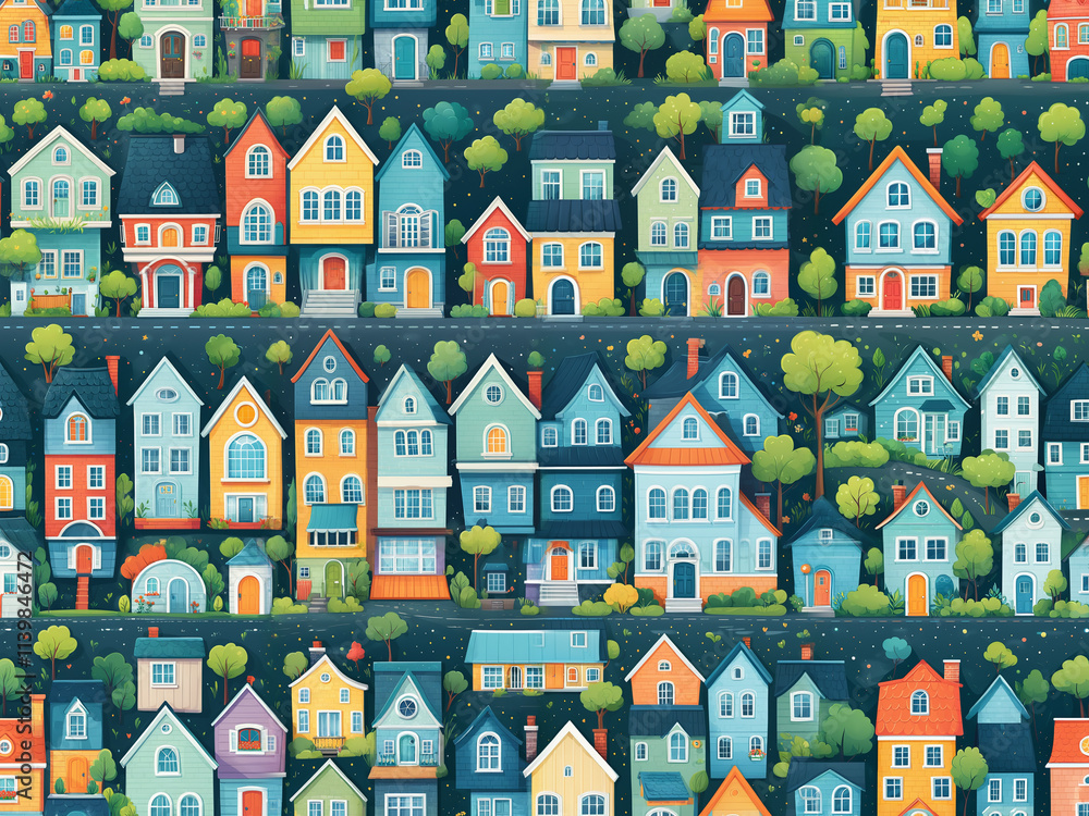 Naklejka premium Generated pattern illustration of cartoon houses.