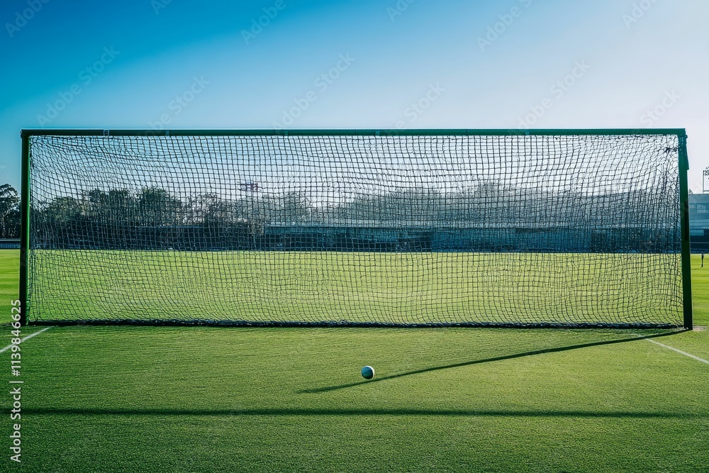 Fototapeta premium Goal net, ball, green field, clear sky.