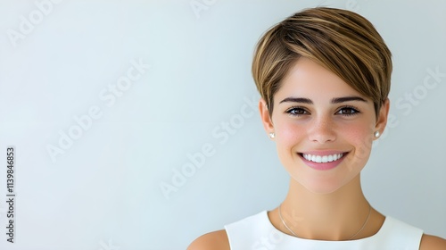 smiling young woman, headshot portrait, fresh radiant complexion, professional lighting, warm expression, isolated on white background