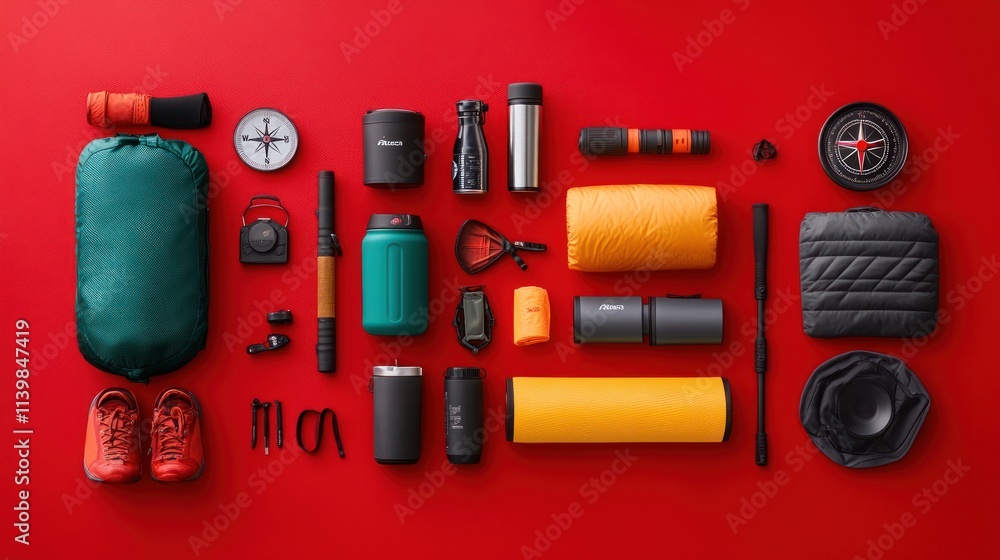 Naklejka premium Flat lay of camping gear, assorted outdoor equipment, including sleeping bag, water bottles, portable speaker, hiking boots, compass, and other accessories, on a vibrant red background.