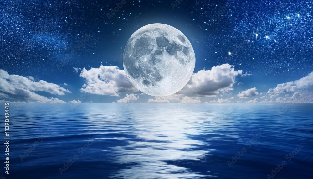A full moon illuminates the ocean at night, reflecting on the water's surface with clouds and stars in the sky A full moon illuminates the ocean at night, reflecting on the water's surface with clouds and stars in the sky