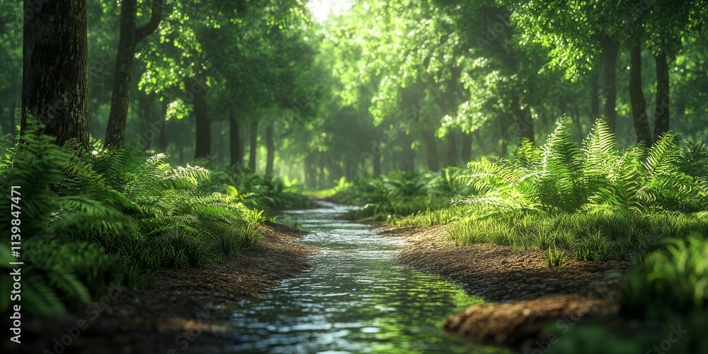 Lush Green Forest with Stream in Bright Natural Light Lush Green Forest with Stream in Bright Natural Light
