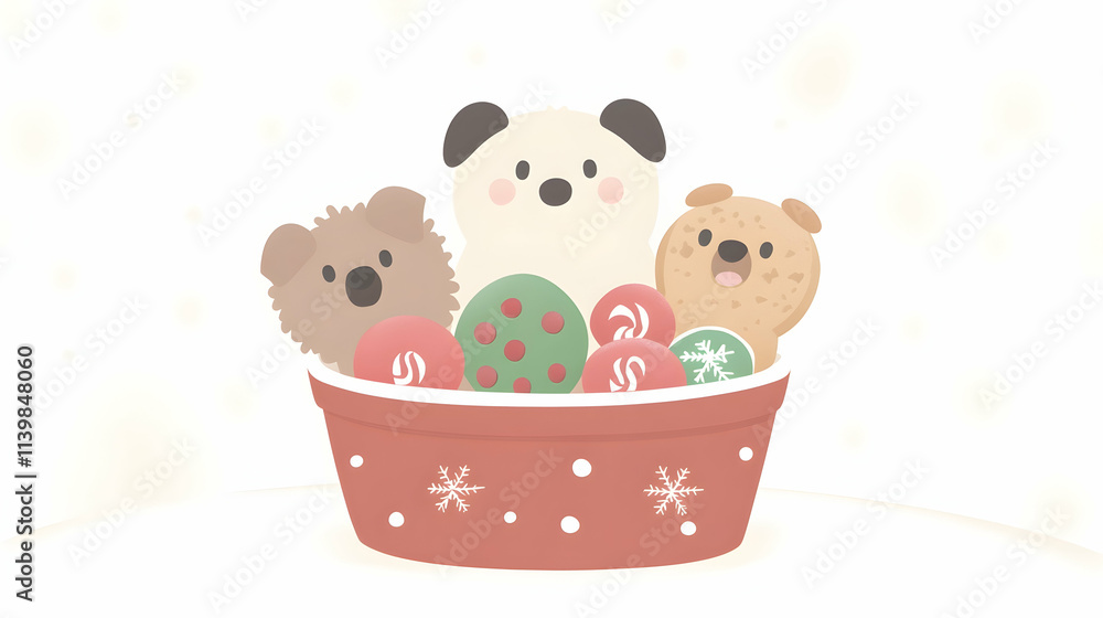 Fototapeta premium Three adorable cartoon dogs nestled in a festive bowl with Christmas ornaments.