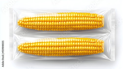 two yellow corn ears in clear plastic packaging, crisp detail, realistic texture, isolated on white background photo