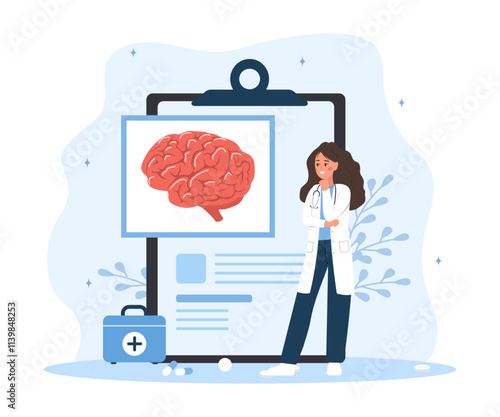 Neurologist concept. Female doctor examine human brain. Anatomy and biology. Neurology or Neuroscience. Vector illustration in flat cartoon style.