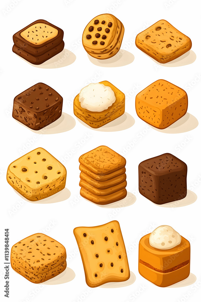 Twelve assorted cookies, biscuits, and crackers in various shapes, sizes, and textures, displayed against a white background. Twelve assorted cookies, biscuits, and crackers in various shapes, sizes, and textures, displayed against a white background.