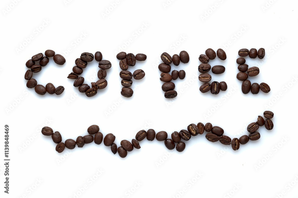 Coffee beans arranged to spell 'coffee' on a white background. Coffee beans arranged to spell 'coffee' on a white background.