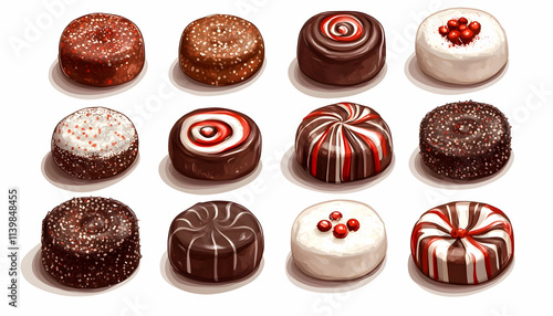 Twelve assorted small round cakes with various chocolate and white icing decorations.