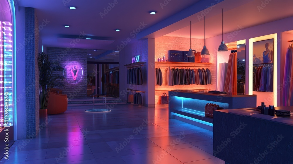 A neon lit store with a sign that says V