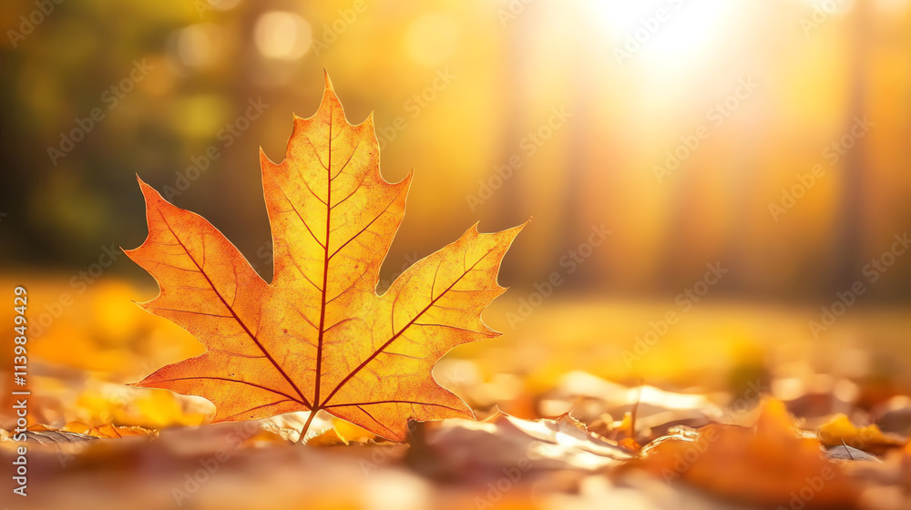 Maple leaf among fallen leaves at sunset Maple leaf among fallen leaves at sunset