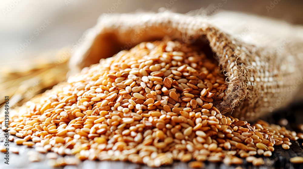 Obraz premium Golden flax seeds in a burlap bag on a wooden table