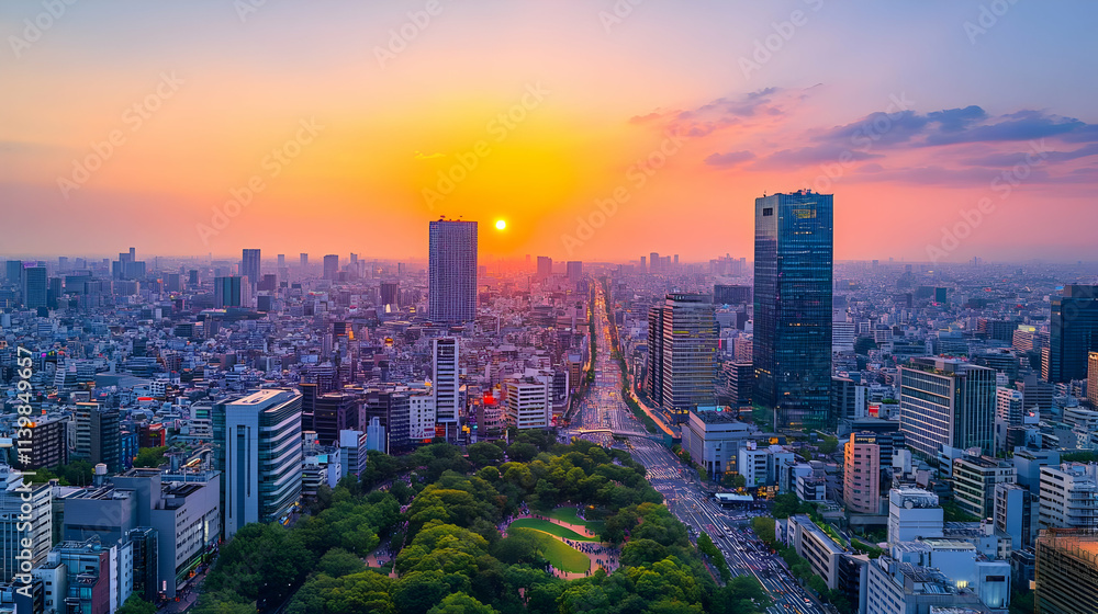 Fototapeta premium Sunset Cityscape Illustration: Urban Panorama at Golden Hour