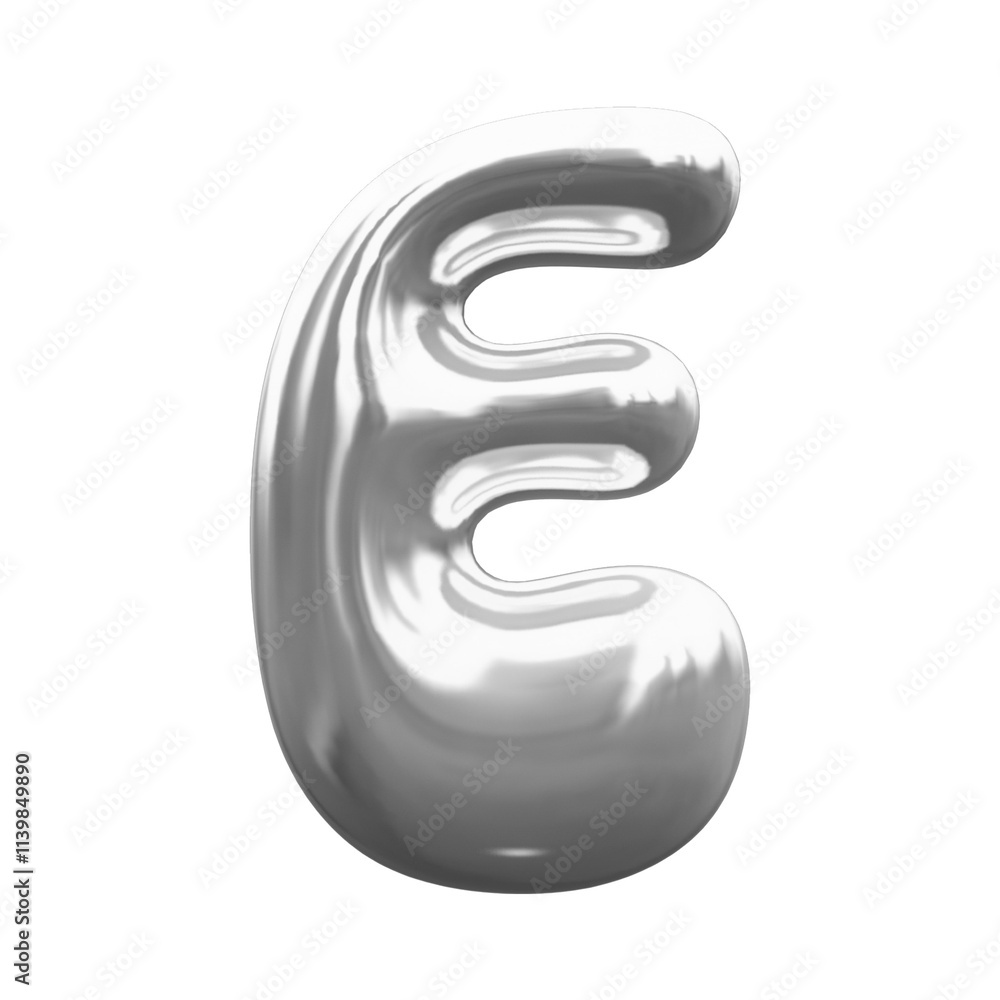 Naklejka premium Inflated alphabet, Glossy metallic silver font, 3D balloon letter E