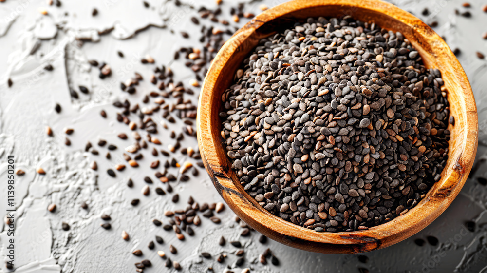 Bowl with sesame seeds on light background, closeup view Bowl with sesame seeds on light background, closeup view