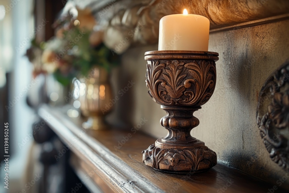 Ornate carved holder, lit candle, wooden surface. Ornate carved holder, lit candle, wooden surface.