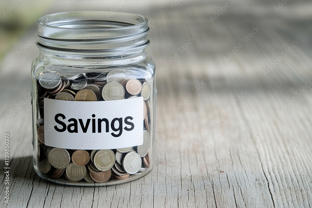 Jar of coins labeled Savings on wooden surface Jar of coins labeled Savings on wooden surface