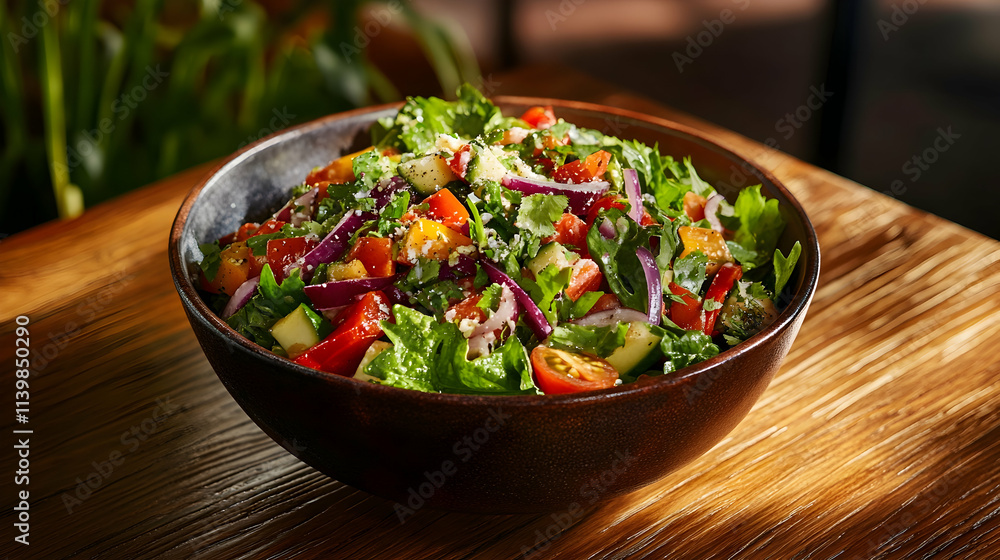 Vibrant salad bowl with fresh vegetables and light vinaigrette on wooden table Vibrant salad bowl with fresh vegetables and light vinaigrette on wooden table