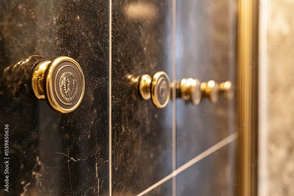 Gold knobs on dark tiled wall. Gold knobs on dark tiled wall.