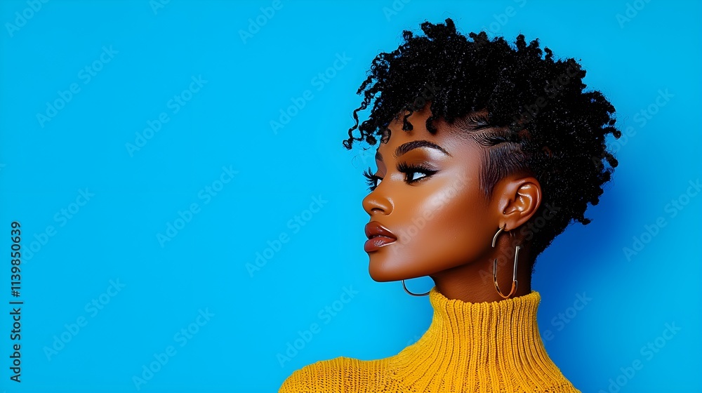 Vibrant portrait of a young Black woman, short textured hair, yellow sweater enhancing her radiant look, clean background for a modern profile photo Vibrant portrait of a young Black woman, short textured hair, yellow sweater enhancing her radiant look, clean background for a modern profile photo