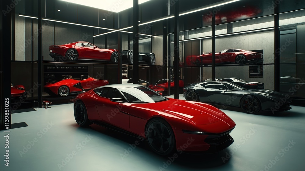 Fototapeta premium Modern cars elegantly arranged in an industrial showroom, showcasing sleek designs and advanced technology, embodying innovation and automotive excellence.