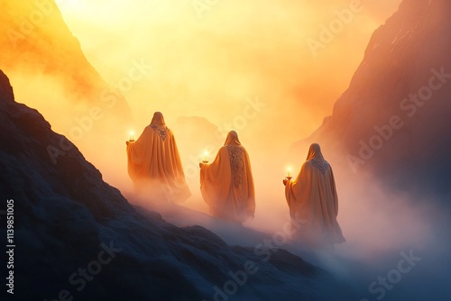 Devout Pilgrims Traversing Misty Mountain Landscape with Sacred Relics and Ornate Regalia photo