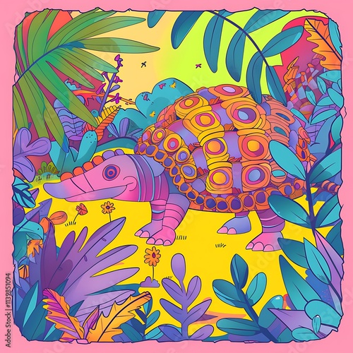 Colorful cartoon tortoise in tropical jungle art illustration vibrant landscape whimsical style photo