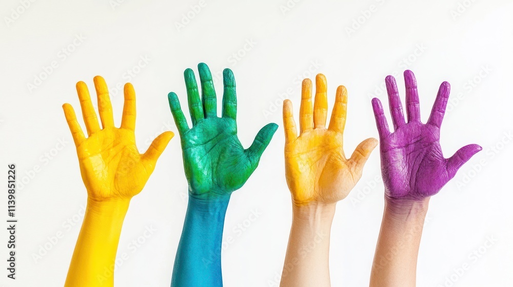 Four hands painted in vibrant colors raised against a white background. Four hands painted in vibrant colors raised against a white background.
