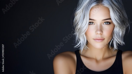 Woman with silver hair, headshot emphasizing clarity and depth, direct gaze into the camera, smooth background to enhance subject focus