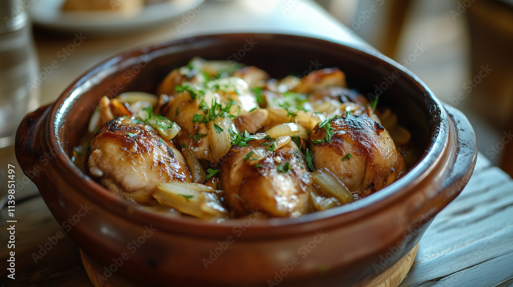 Traditional Yassa chicken in a rustic clay pot with herbs Traditional Yassa chicken in a rustic clay pot with herbs