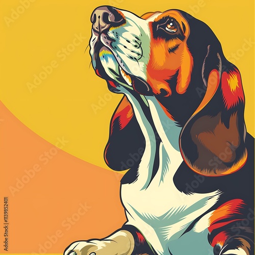 Playful beagle dog portrait bright yellow background digital art cheerful environment upward perspective photo