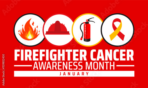 Firefighter Cancer Awareness Month background, banner or poster design template. observed every year in January. Holiday concept. Use to any Template, card, poster, placard, template.