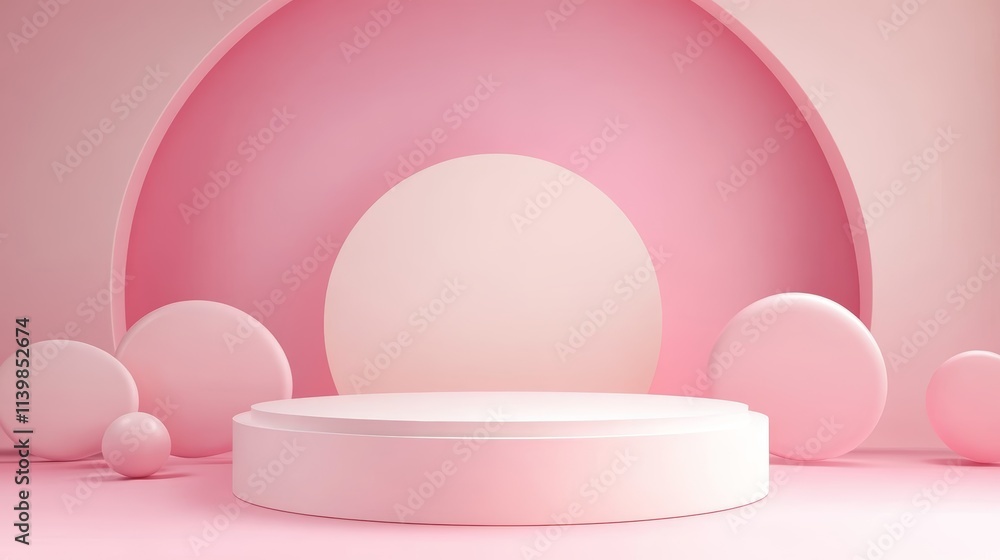 Fototapeta premium Pink Abstract Background with Cylindrical Platform and Geometric Shapes. 3D Product Podium.