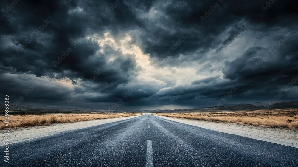 Empty road under stormy skies, dark clouds looming, dramatic landscape Empty road under stormy skies, dark clouds looming, dramatic landscape