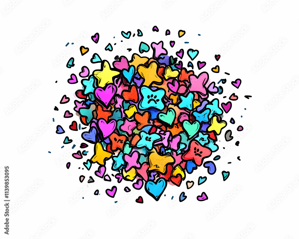 Colorful hearts and stars burst. Colorful hearts and stars burst.