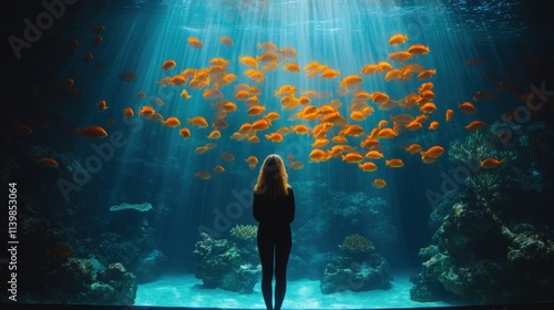 Woman gazing at school of orange fish in an aquarium. Sunlight streams from above.