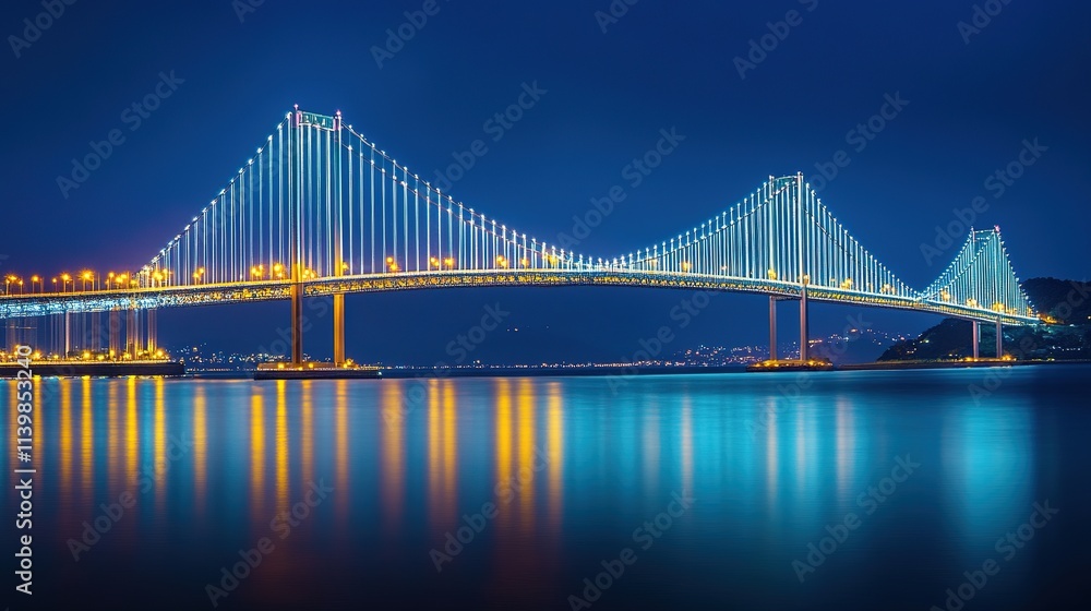 Fototapeta premium Illuminated bridge at night reflecting on water
