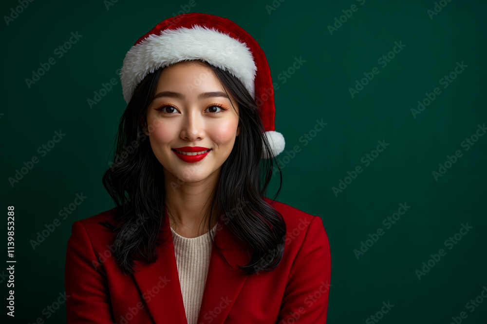 A woman wearing a red suit and a santa hat