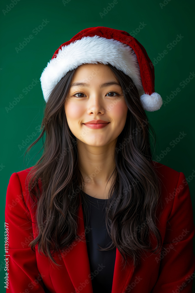 A woman wearing a red jacket and a santa hat A woman wearing a red jacket and a santa hat