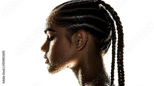 young woman in silhouette, braids wet with shower water, detailed droplets on face, soft shadows, isolated on white background photo