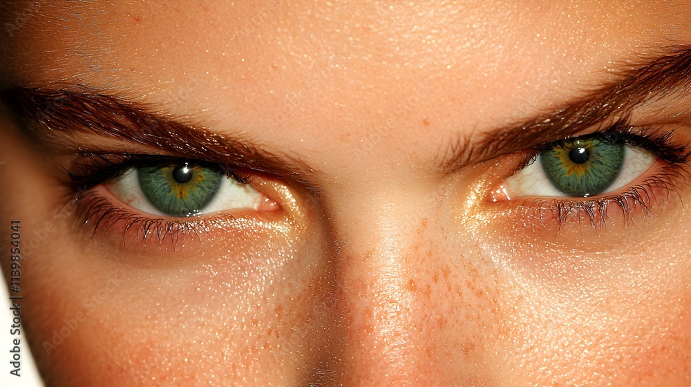 Fototapeta premium young woman's face, radiant blue eyes with natural freckles, detailed skin texture, soft lighting, isolated on white background