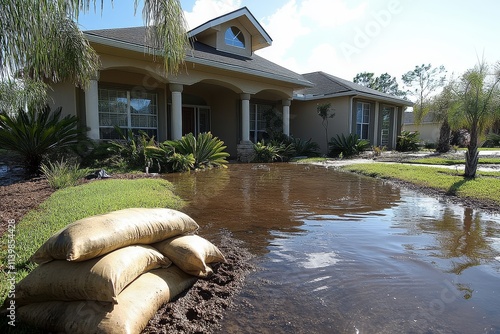 Sandbags in front of a Florida home with water at the door, preparing for flood protection during a storm or emergency situation.