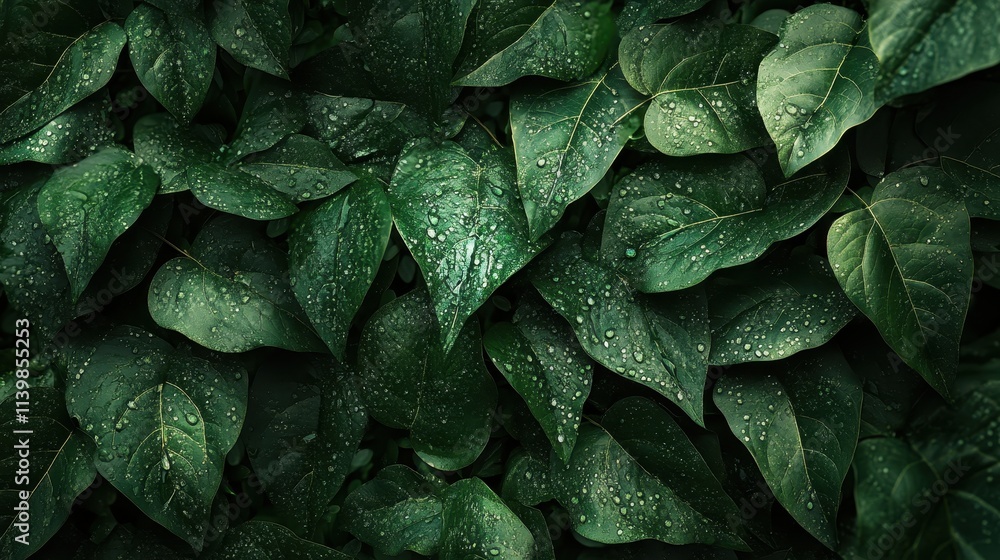 Fototapeta premium A close-up of lush green leaves with droplets of water, showcasing nature's beauty.