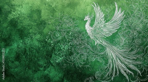 Fototapeta Naklejka Na Ścianę i Meble -  Silver phoenix rising from green mystical background.