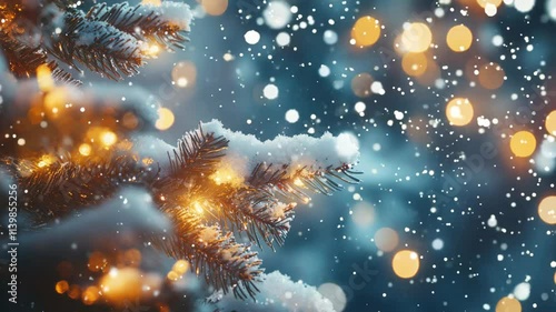 Wallpaper Mural A serene winter scene featuring a snow-capped pine tree branch adorned with golden glowing lights, accompanied by softly falling snowflakes, creating a magical and peaceful holiday season ambiance. Torontodigital.ca