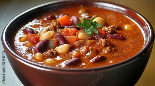 A luxurious still life of a bowl of homemade chili brimming with color and flavor, expertly arranged to showcase its rich ingredients, set against a complementary solid color background that draws