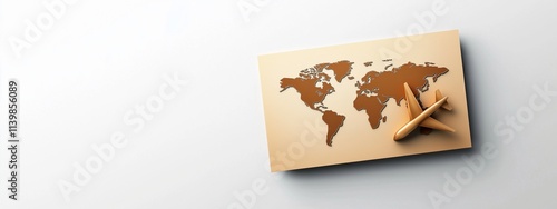 Wooden world map with airplane model on minimalist background photo