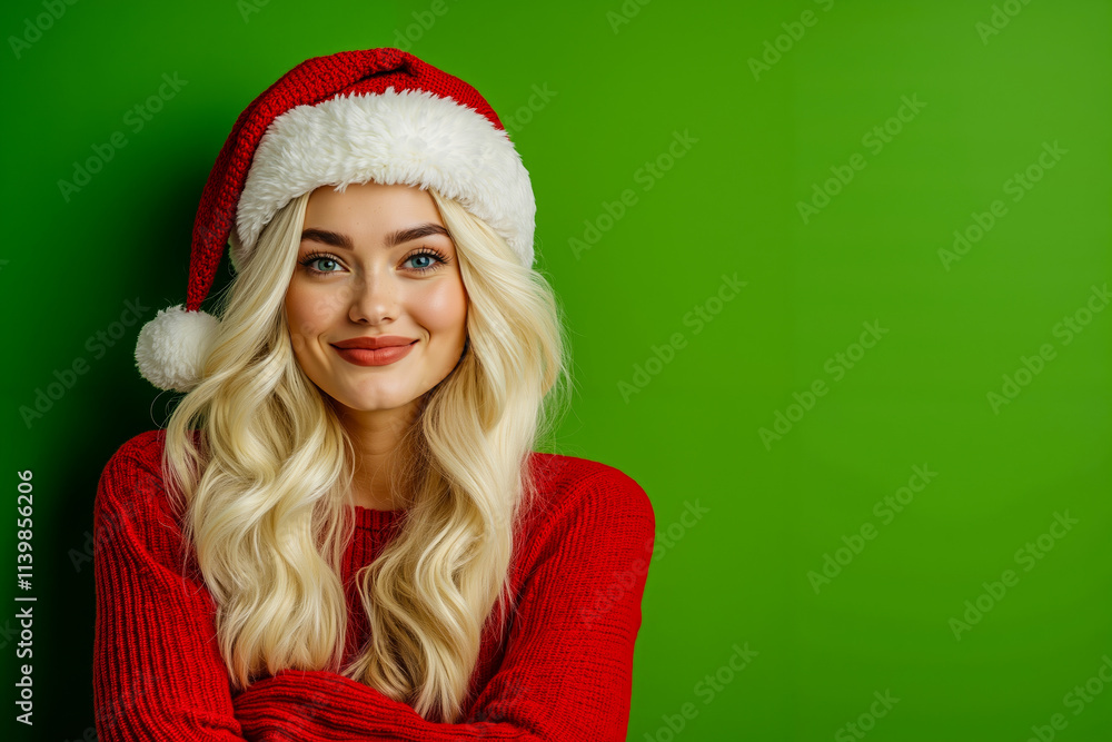 A woman wearing a red sweater and a santa hat A woman wearing a red sweater and a santa hat