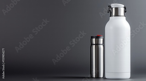 A trendy reusable water bottle with an innovative lid design and an array of stylish colors, artfully positioned on a solid grey background, showcasing both function and style for environmentally