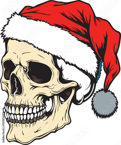 A skull wearing a Santa Claus hat 